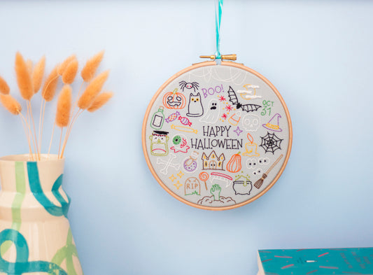 Happy Halloween Embroidery Pattern, Spooky Stamped Fabric Pack