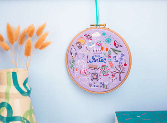 Hello Winter Embroidery Kits, Seasonal Embroidery Kits, Stamped Embroidery
