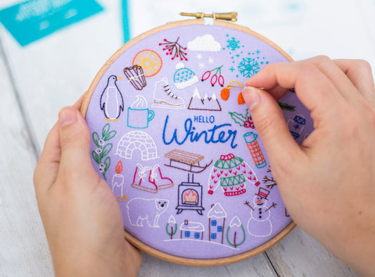 Hello Winter Embroidery Kits, Seasonal Embroidery Kits, Stamped Embroidery