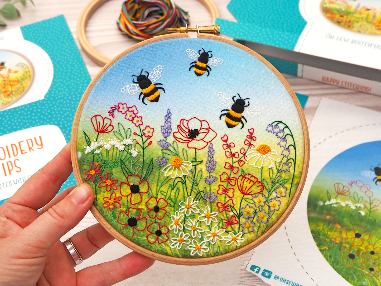 Wildflower Meadow Embroidery Kits UK, Bees Hand Embroidery Kits, Modern Hand Embroidery
