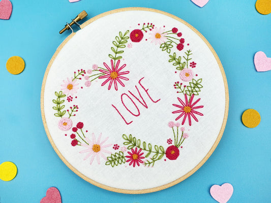 Flower Embroidery Pattern, Pink Love Heart Hoop Art Kit - Fabric Packs - ohsewbootiful