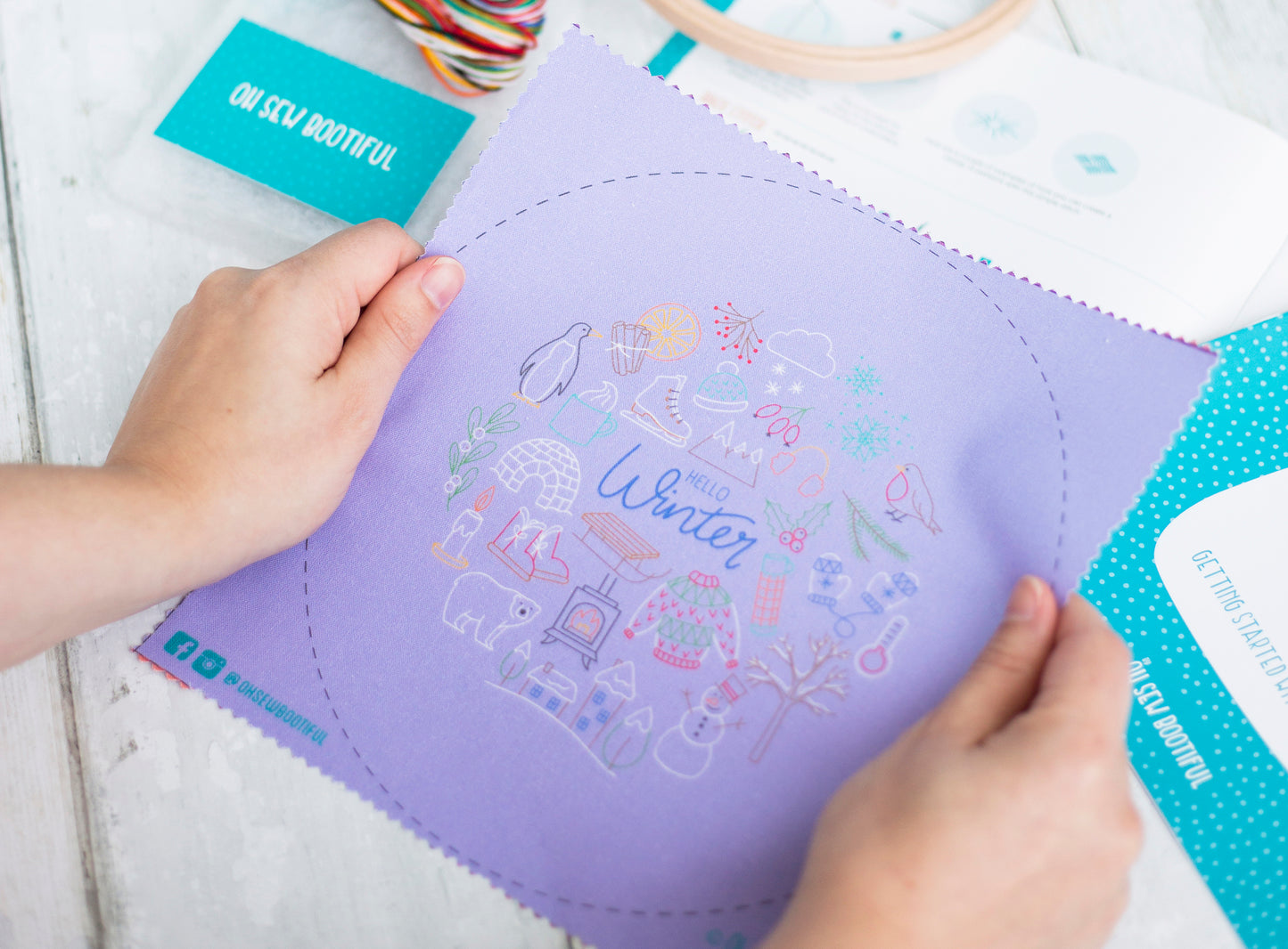 Hello Winter Embroidery Pattern, Seasons Stamped Fabric Pack