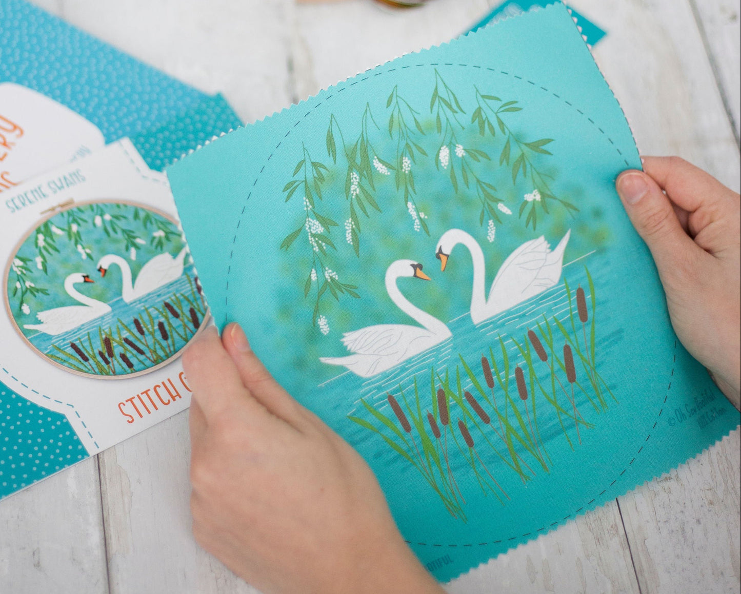 Swans Printed Fabric Embroidery Pattern