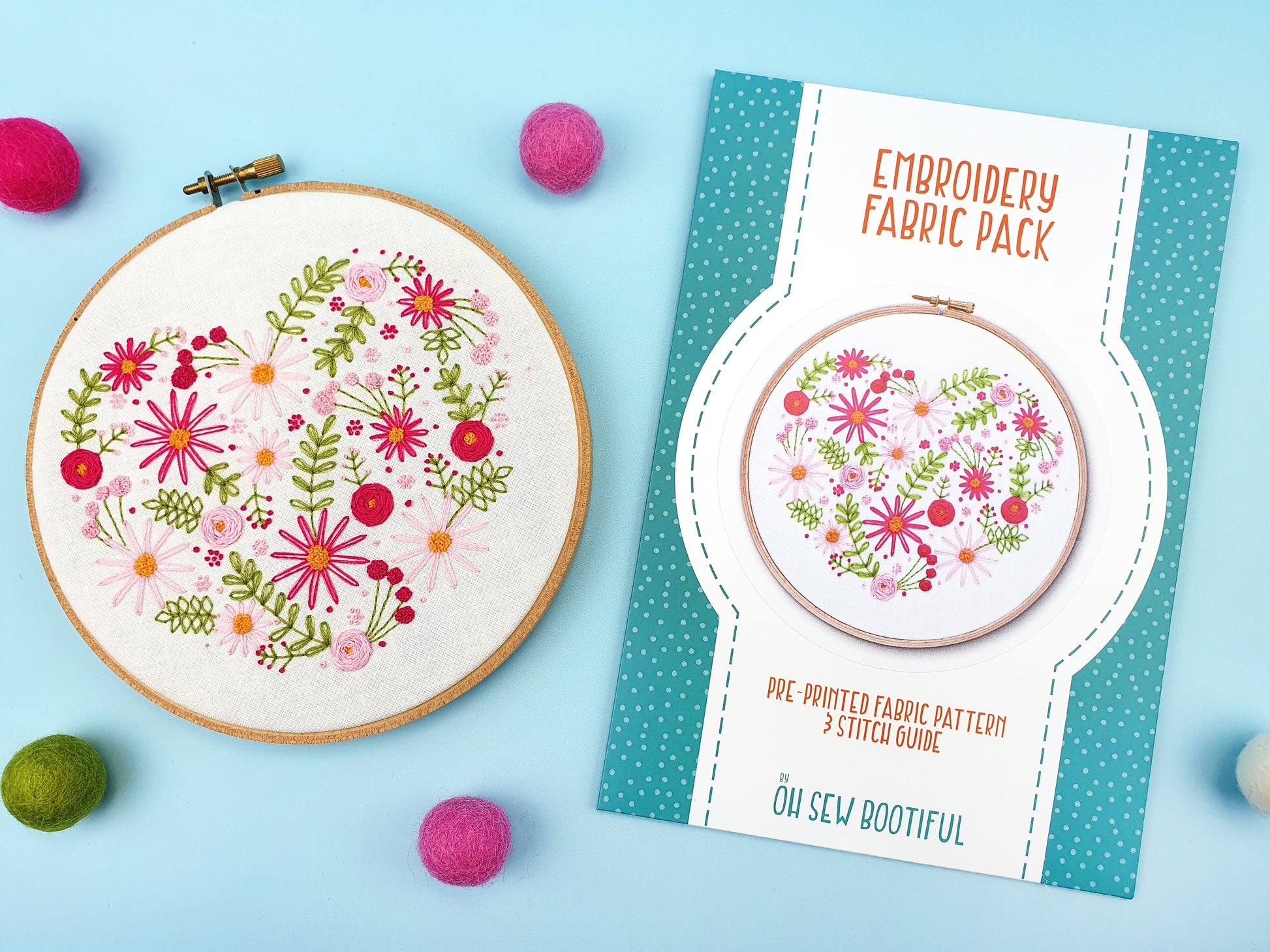 Pink Floral Heart Embroidery Pattern - Fabric Packs - ohsewbootiful