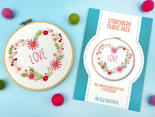 Flower Embroidery Pattern, Pink Love Heart Hoop Art Kit - Fabric Packs - ohsewbootiful