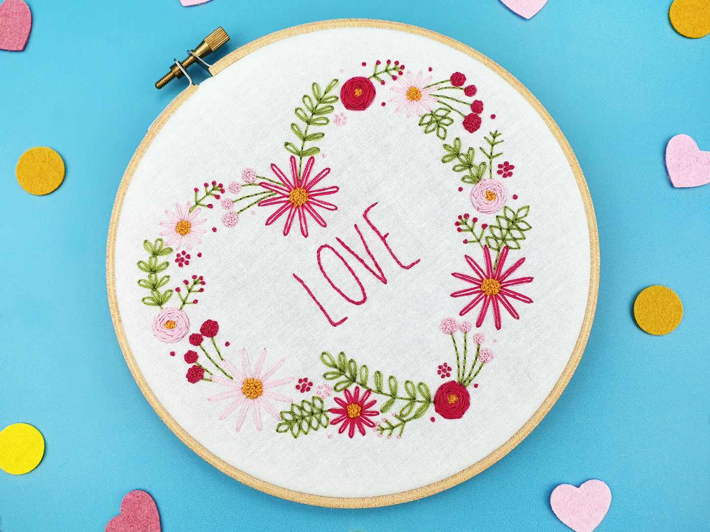 Flower Embroidery Pattern, Pink Love Heart Hoop Art Kit - Fabric Packs - ohsewbootiful