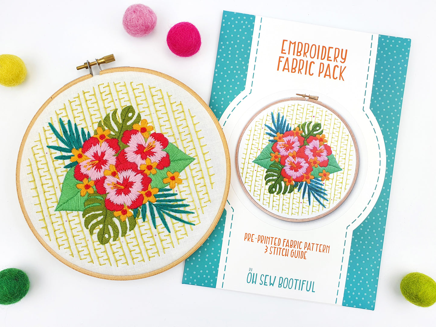 Hibiscus Embroidery Pattern, Summer Embroidery Project, Pattern Printed on Fabric - Fabric Packs - ohsewbootiful